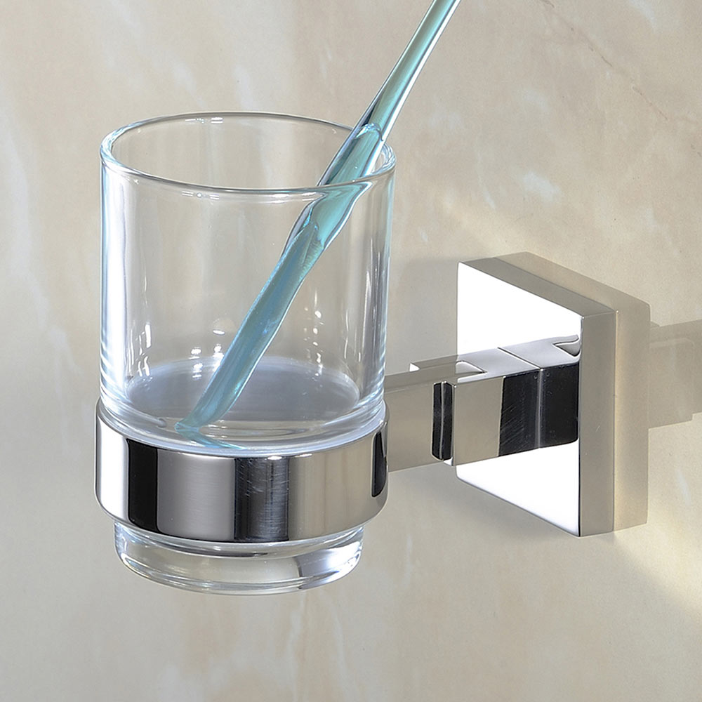 Stainless Steel Toothbrush Holder with Clear Glass Cup | Square Design | Polished Chrome Finish