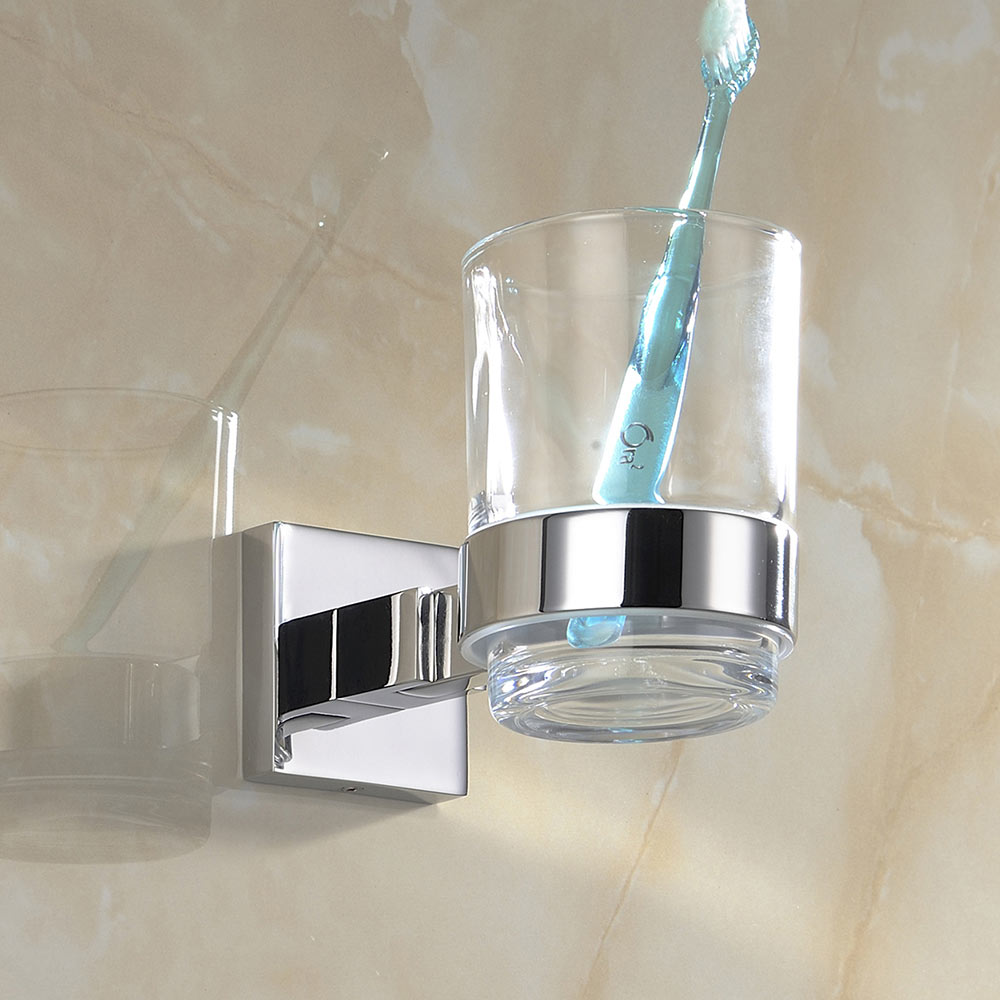 Stainless Steel Toothbrush Holder with Clear Glass Cup | Square Design | Polished Chrome Finish