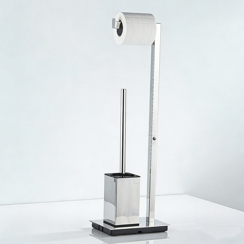 2-in-1 Freestanding Toilet Paper Holder with Toilet Brush | Polished Stainless Steel Stand with Weighted Base