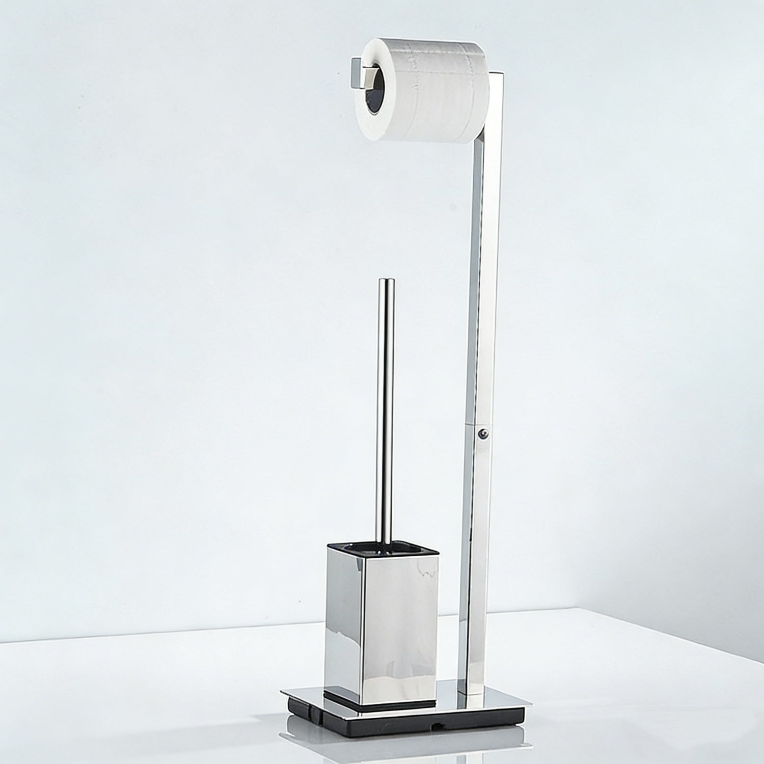 2-in-1 Freestanding Toilet Paper Holder with Toilet Brush | Polished Stainless Steel Stand with Weighted Base