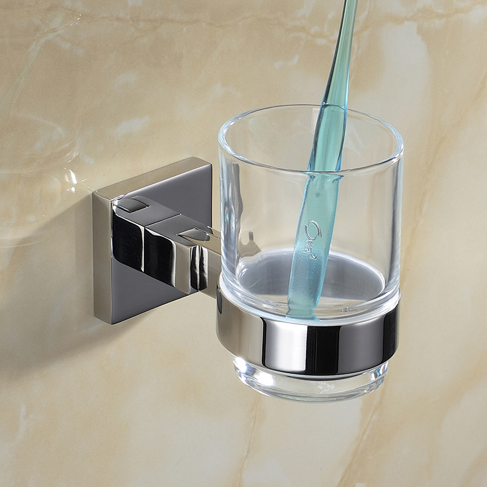 Stainless Steel Toothbrush Holder with Clear Glass Cup | Square Design | Polished Chrome Finish