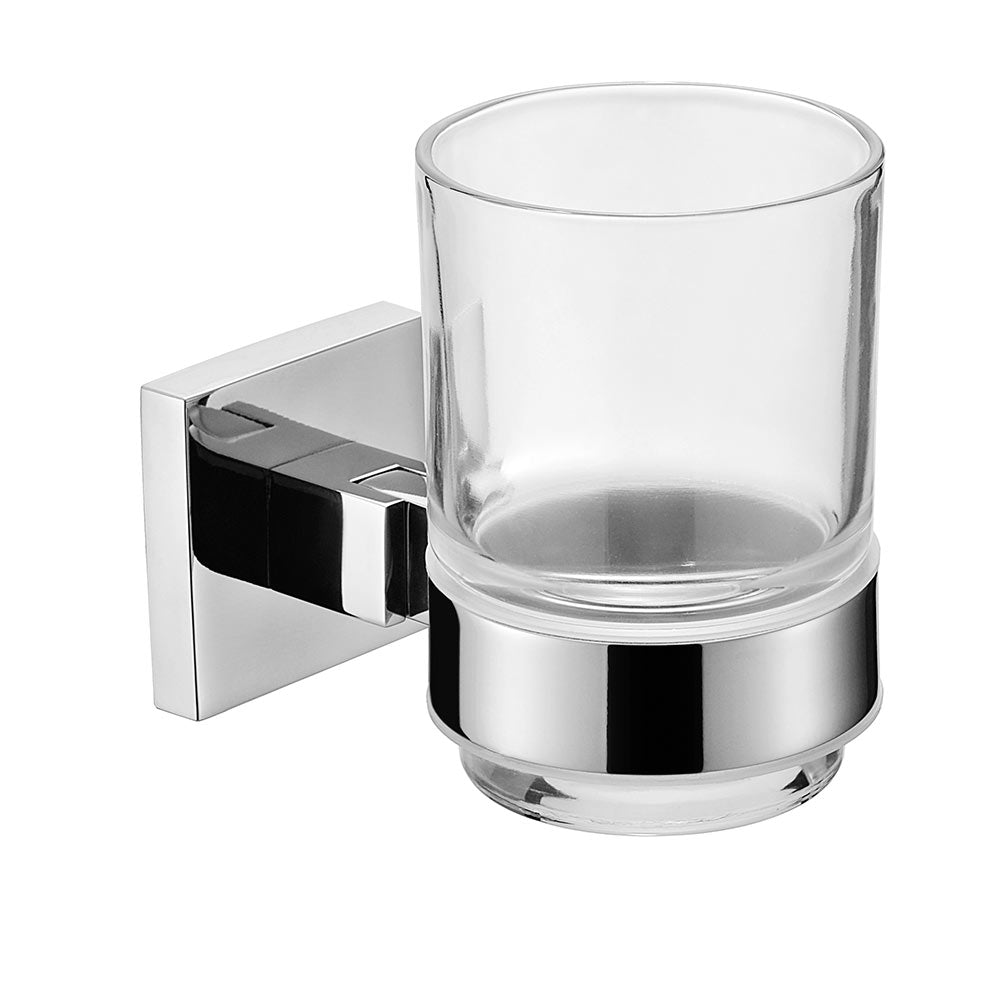 Stainless Steel Toothbrush Holder with Clear Glass Cup | Square Design | Polished Chrome Finish