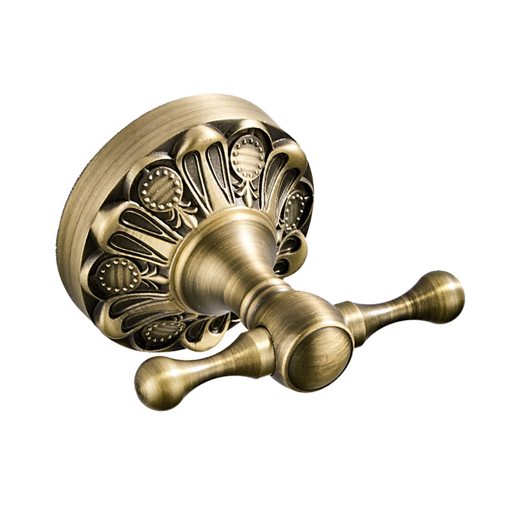 Antique Brass Double Robe Hook | Vintage Carved Bathroom Towel Hook