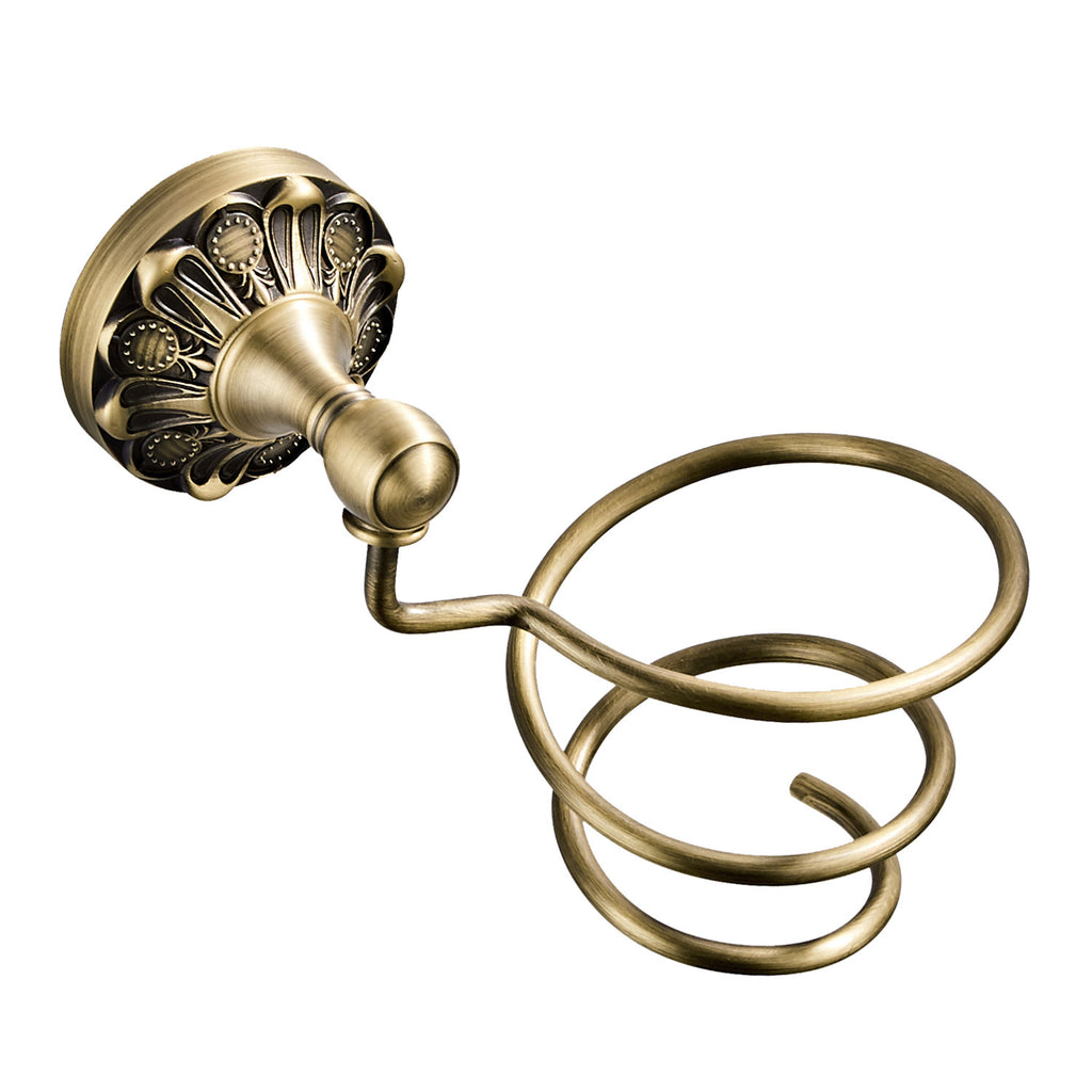 Antique Brass Hair Dryer Holder Wall Mounted | Vintage Carved Bathroom Storage Rack