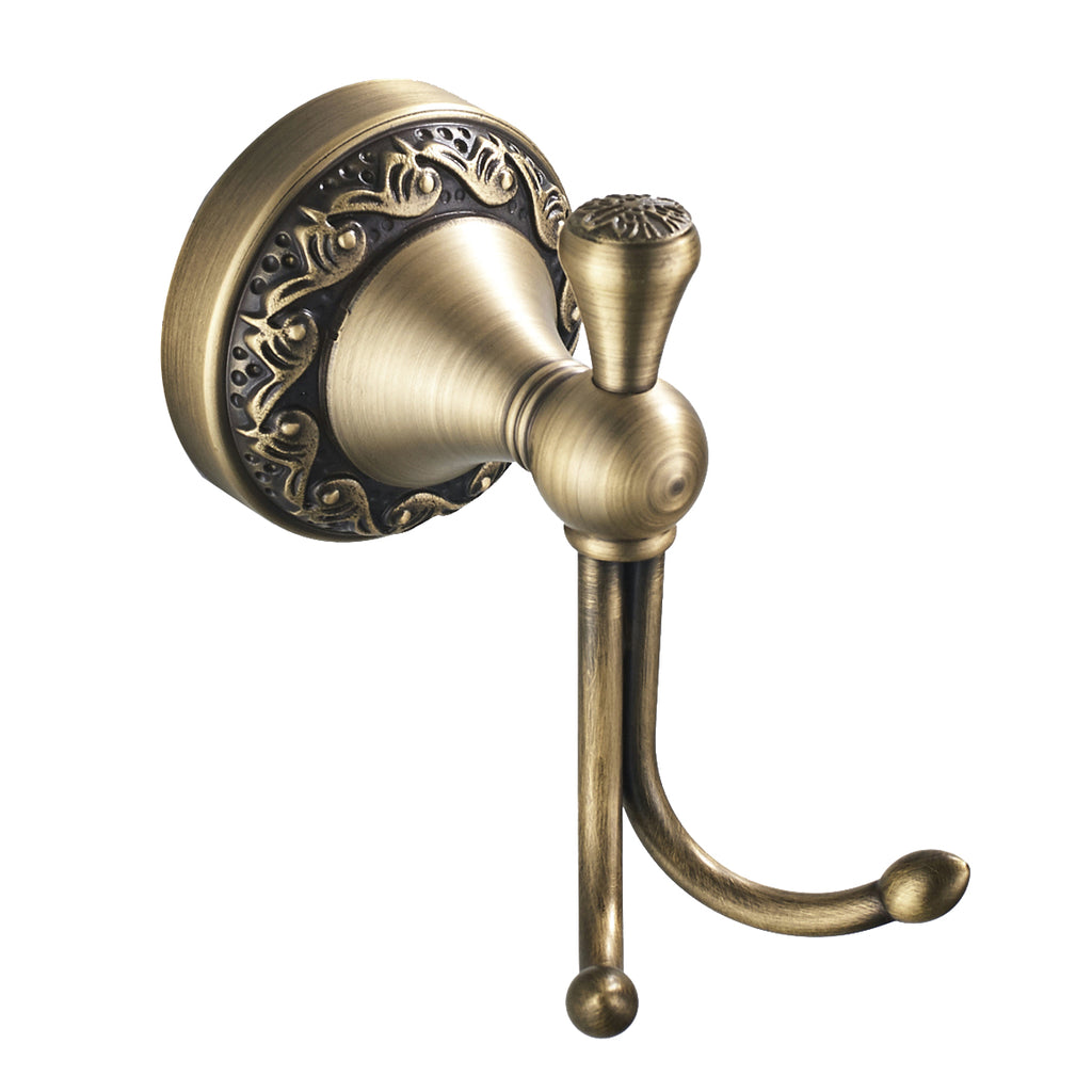 Antique Brass Double Robe Hook | Vintage Scroll Carved Bathroom Towel Hook