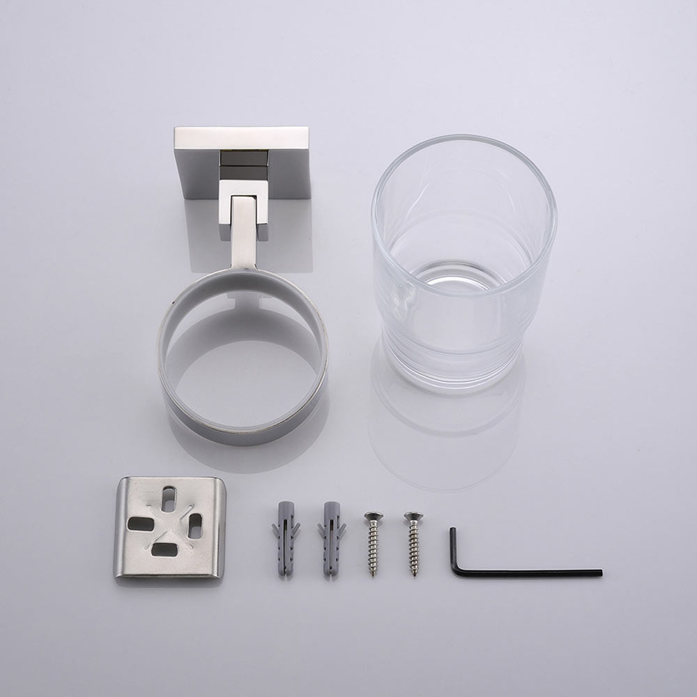 Stainless Steel Toothbrush Holder with Clear Glass Cup | Square Design | Polished Chrome Finish