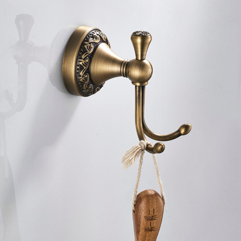 Antique Brass Double Robe Hook | Vintage Scroll Carved Bathroom Towel Hook