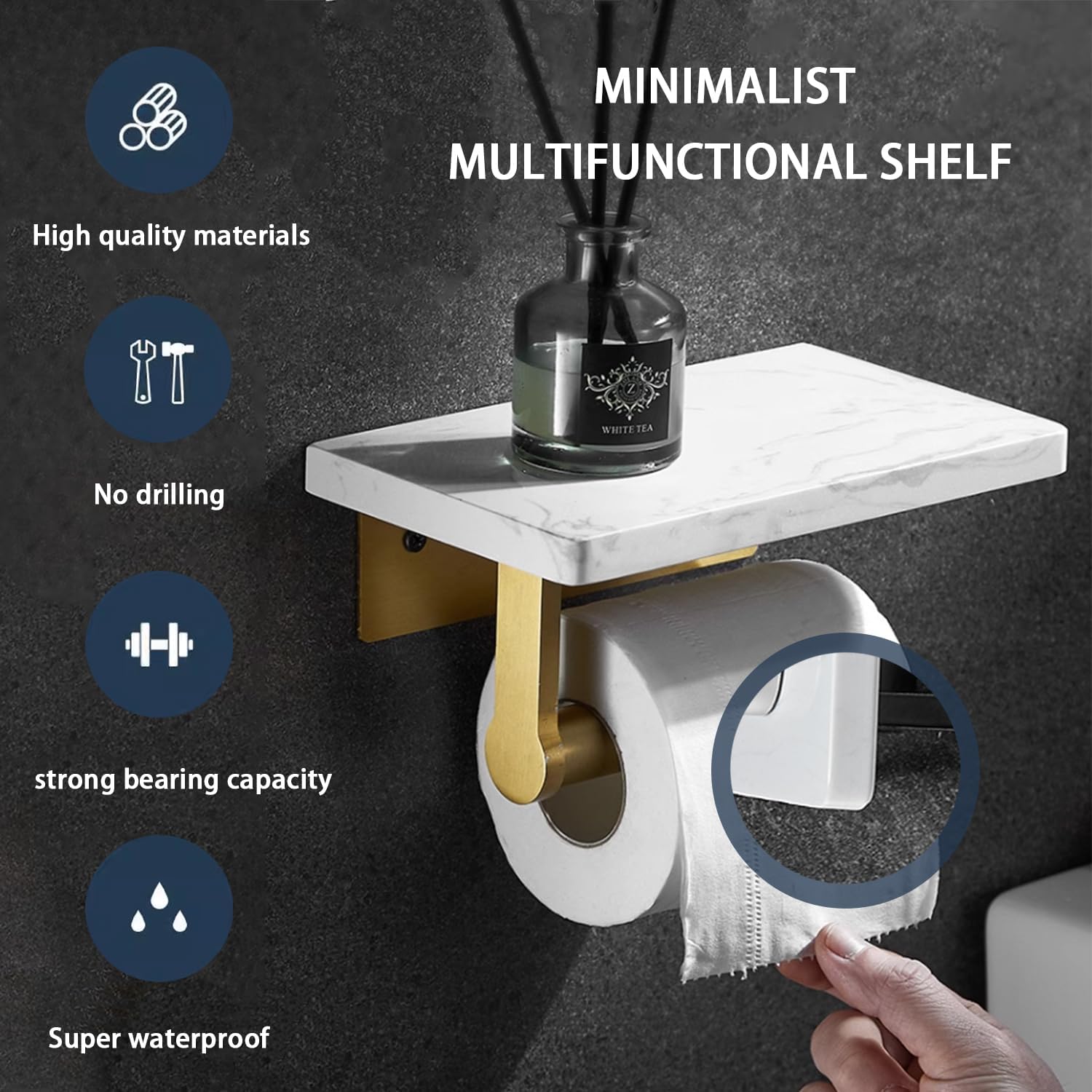 Stainless Steel Toilet Paper Holder with Marble Shelf ,Wall Mounted