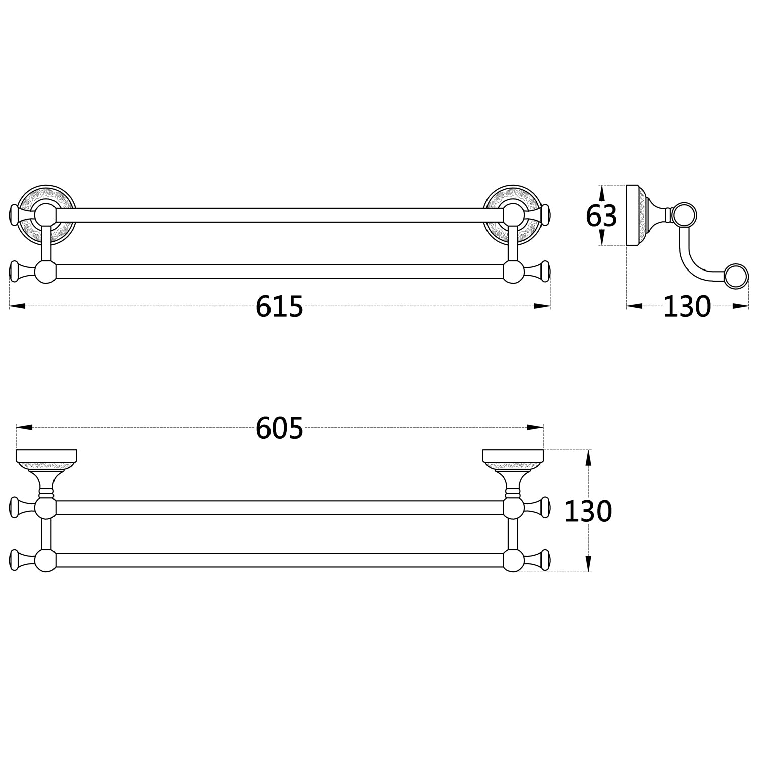 Rust-Proof Solid Brass Double Towel Holder | 61.5cm Wall-Mounted Bathroom Rail