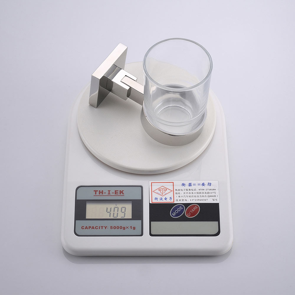 Stainless Steel Toothbrush Holder with Clear Glass Cup | Square Design | Polished Chrome Finish