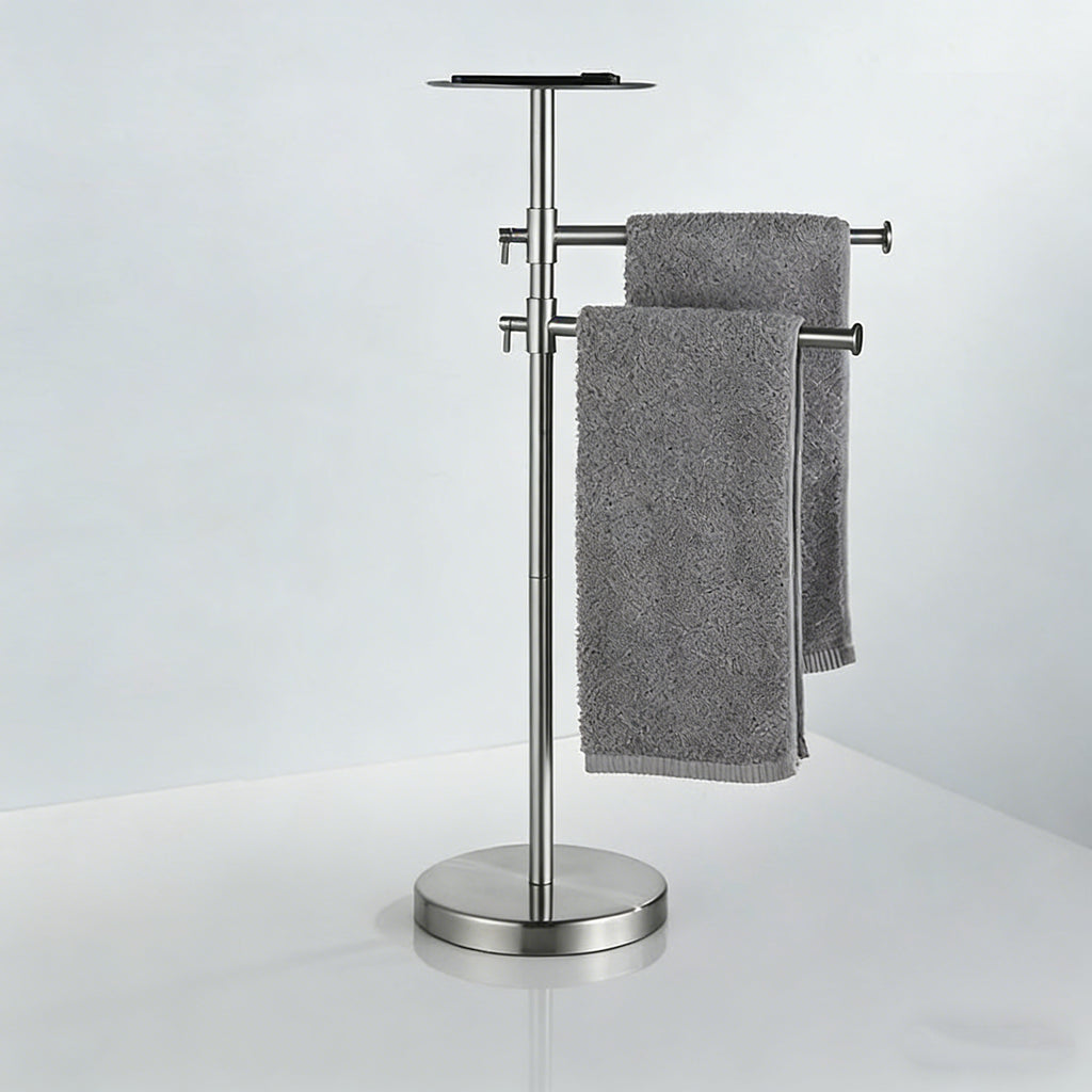 Freestanding Adjustable Towel Rack with Shelf | Stainless Steel Double Towel Bar Stand