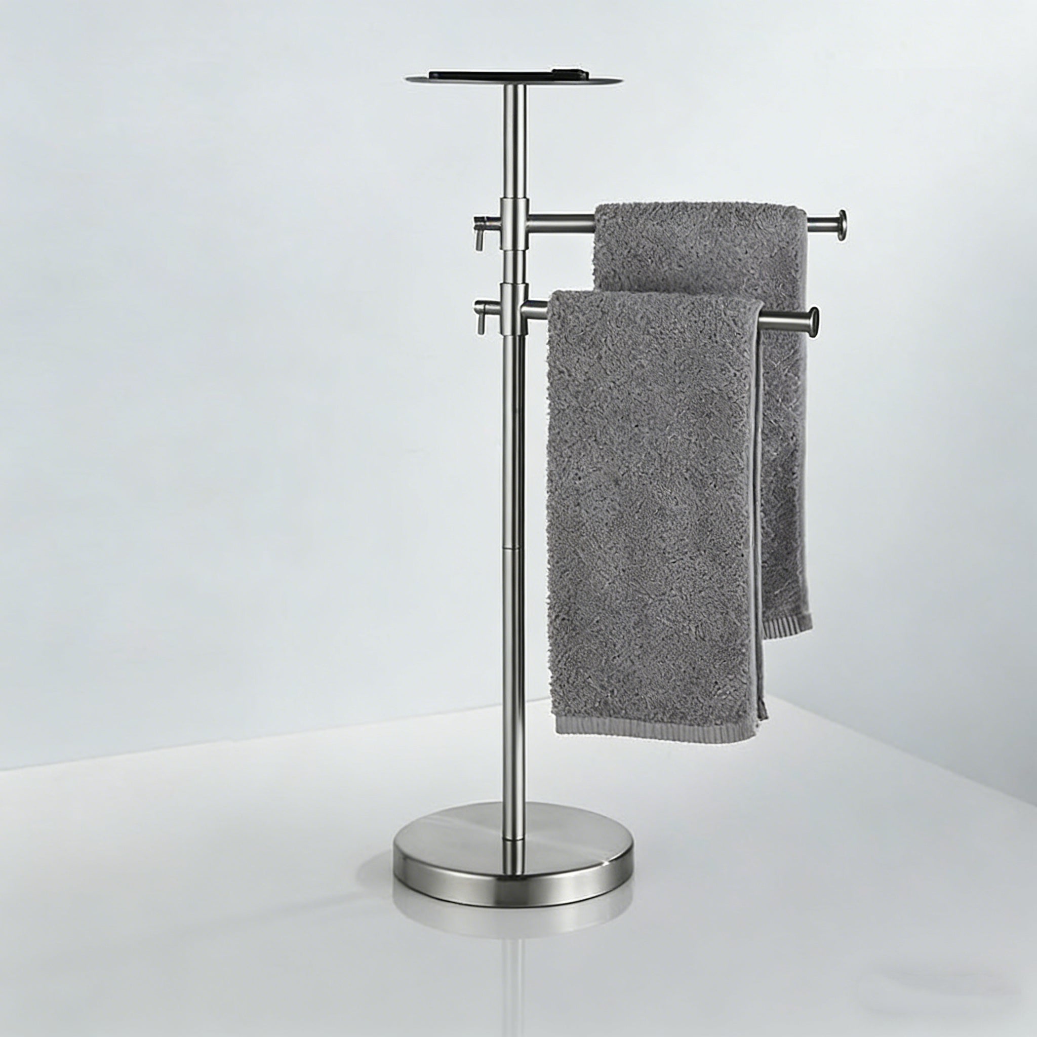 Freestanding Adjustable Towel Rack with Shelf | Stainless Steel Double Towel Bar Stand