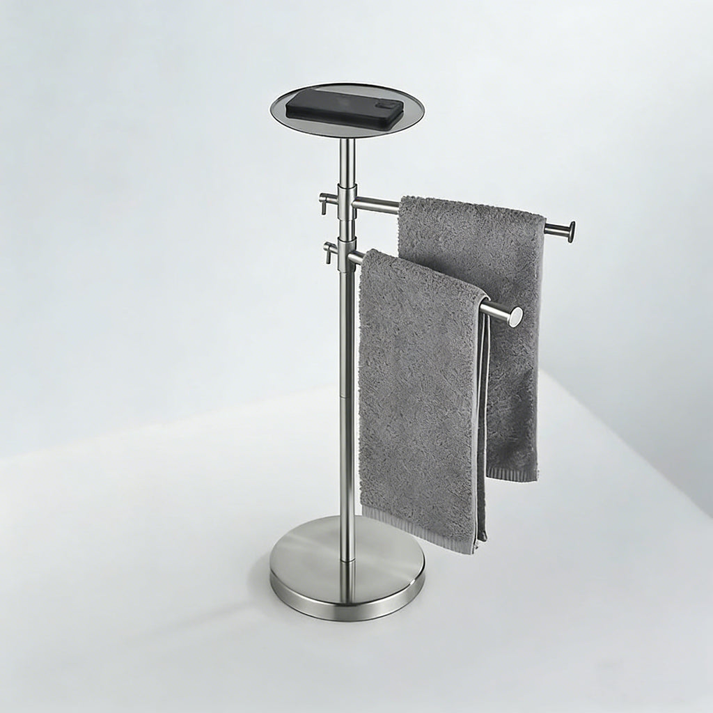 Freestanding Adjustable Towel Rack with Shelf | Stainless Steel Double Towel Bar Stand