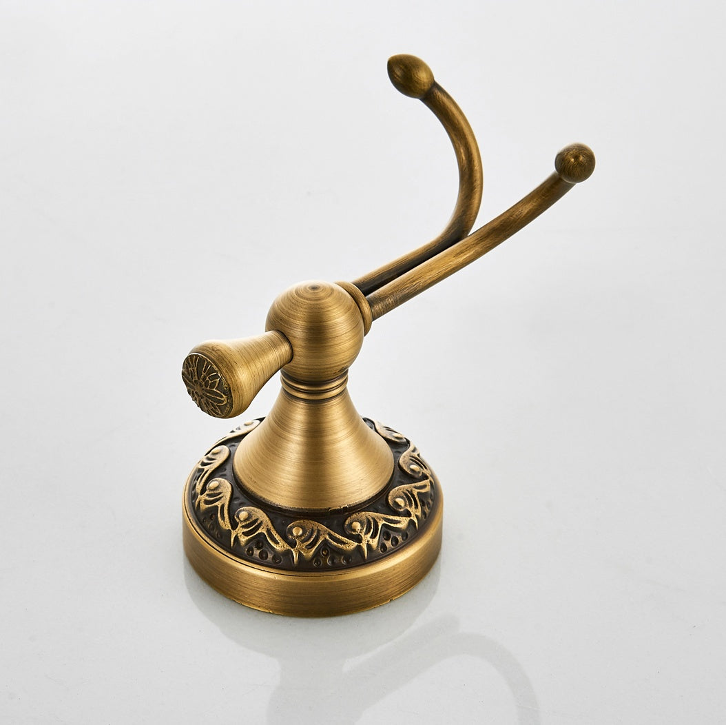 Antique Brass Double Robe Hook | Vintage Scroll Carved Bathroom Towel Hook
