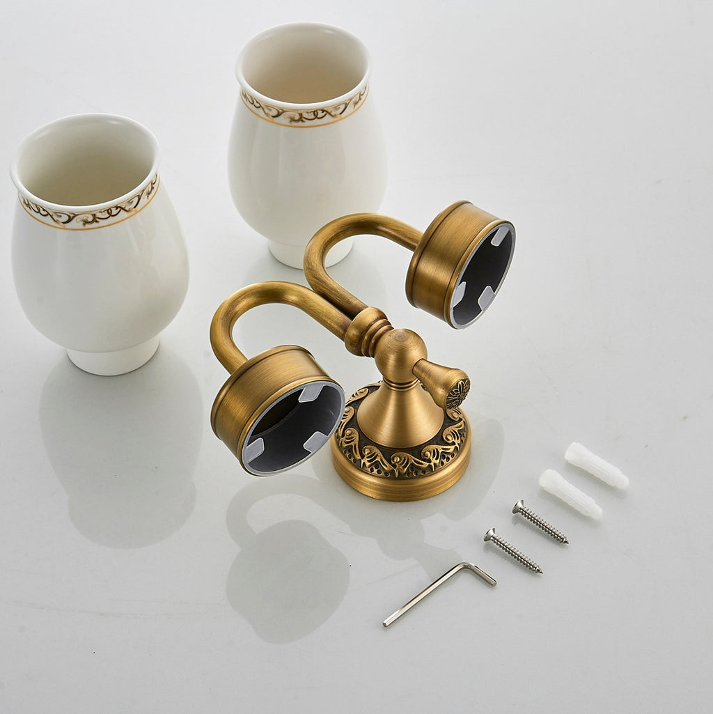 Rust-Proof Solid Brass Toothbrush Holder | Removable Double Ceramic Cups