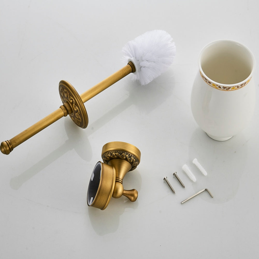 Antique Brass Toilet Brush Holder | Vintage Ceramic Bathroom Toilet Brush Set