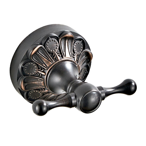 Antique Brass Double Robe Hook | Vintage Carved Bathroom Towel Hook