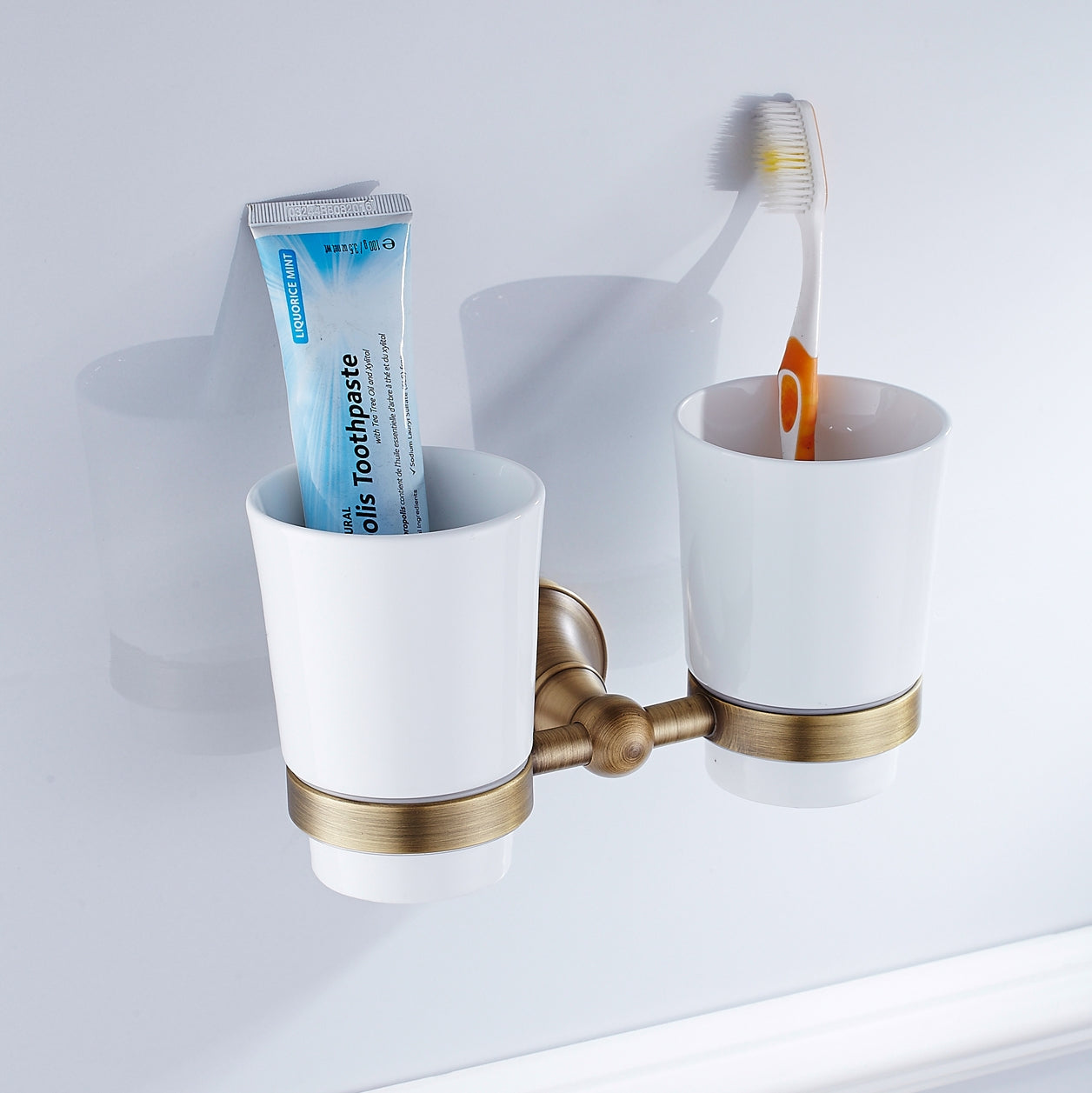 Solid Brass Double Tumbler Holder | Minimalist Ceramic Bathroom Cup Set (4 Finishes)