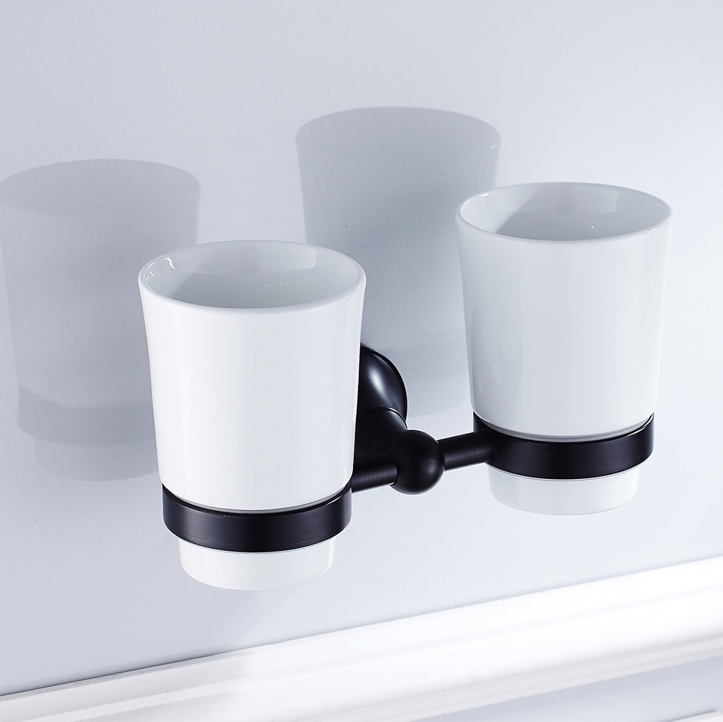 Solid Brass Double Tumbler Holder | Minimalist Ceramic Bathroom Cup Set (4 Finishes)