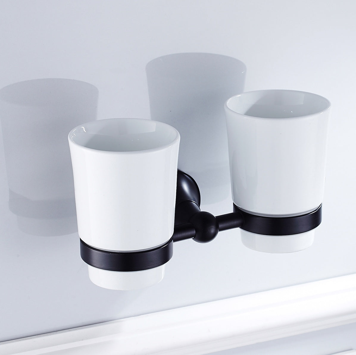 Solid Brass Double Tumbler Holder | Minimalist Ceramic Bathroom Cup Set (4 Finishes)
