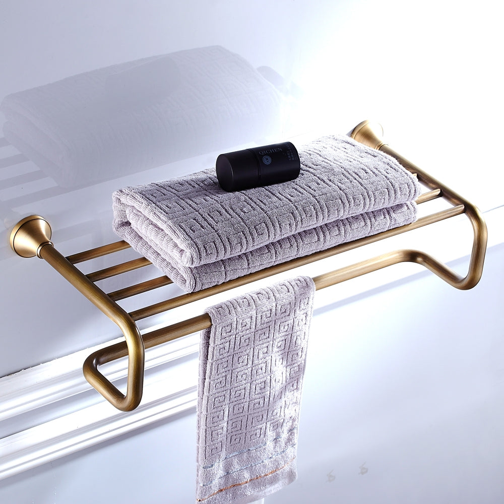 Solid Brass Towel Rack 60cm | Minimalist 2-Tier Bathroom Shelf with Towel Bar (4 Finishes)