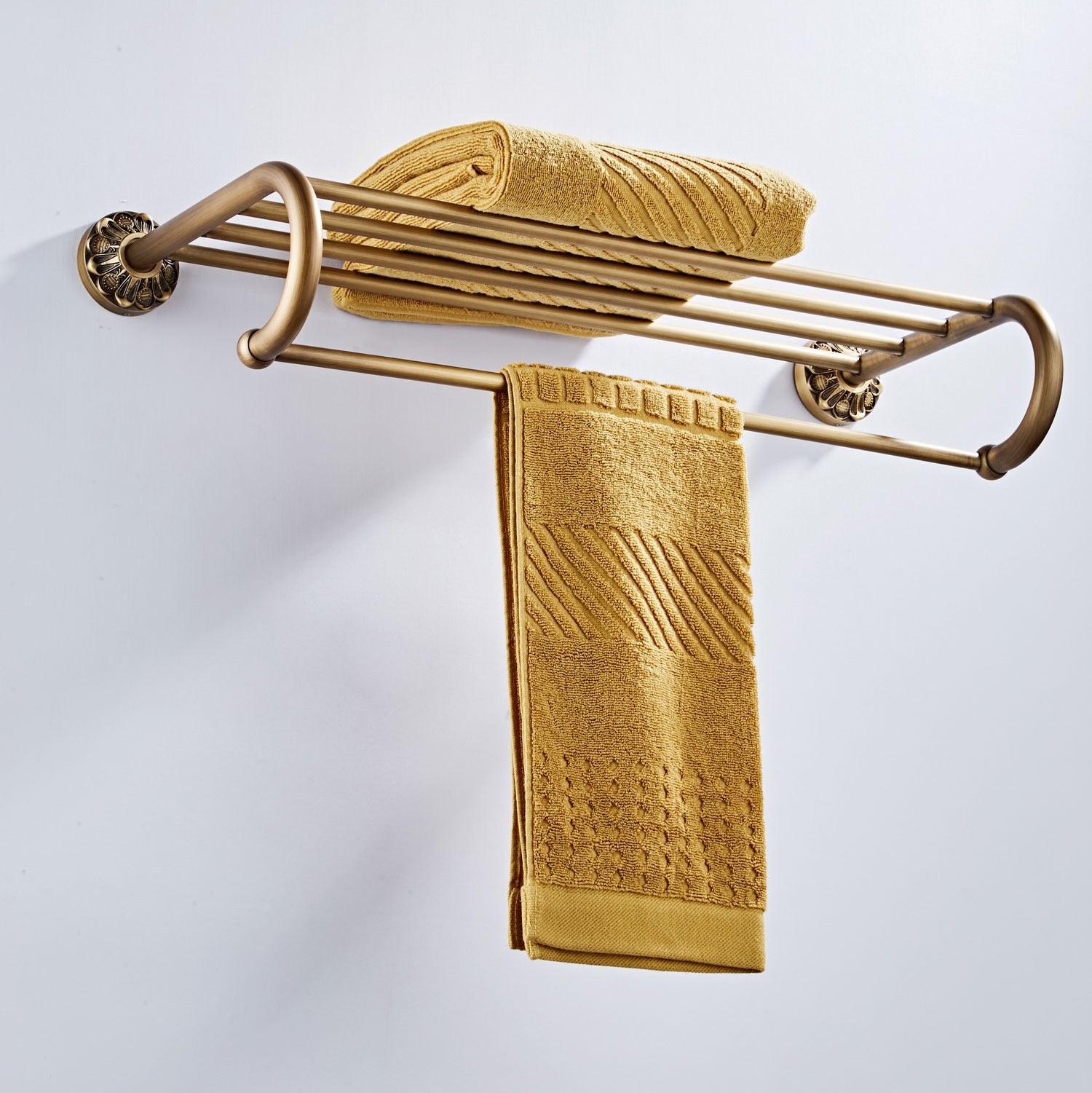Antique Brass Towel Rack | 2-Tier Vintage Bath Towel Shelf with Towel Bar