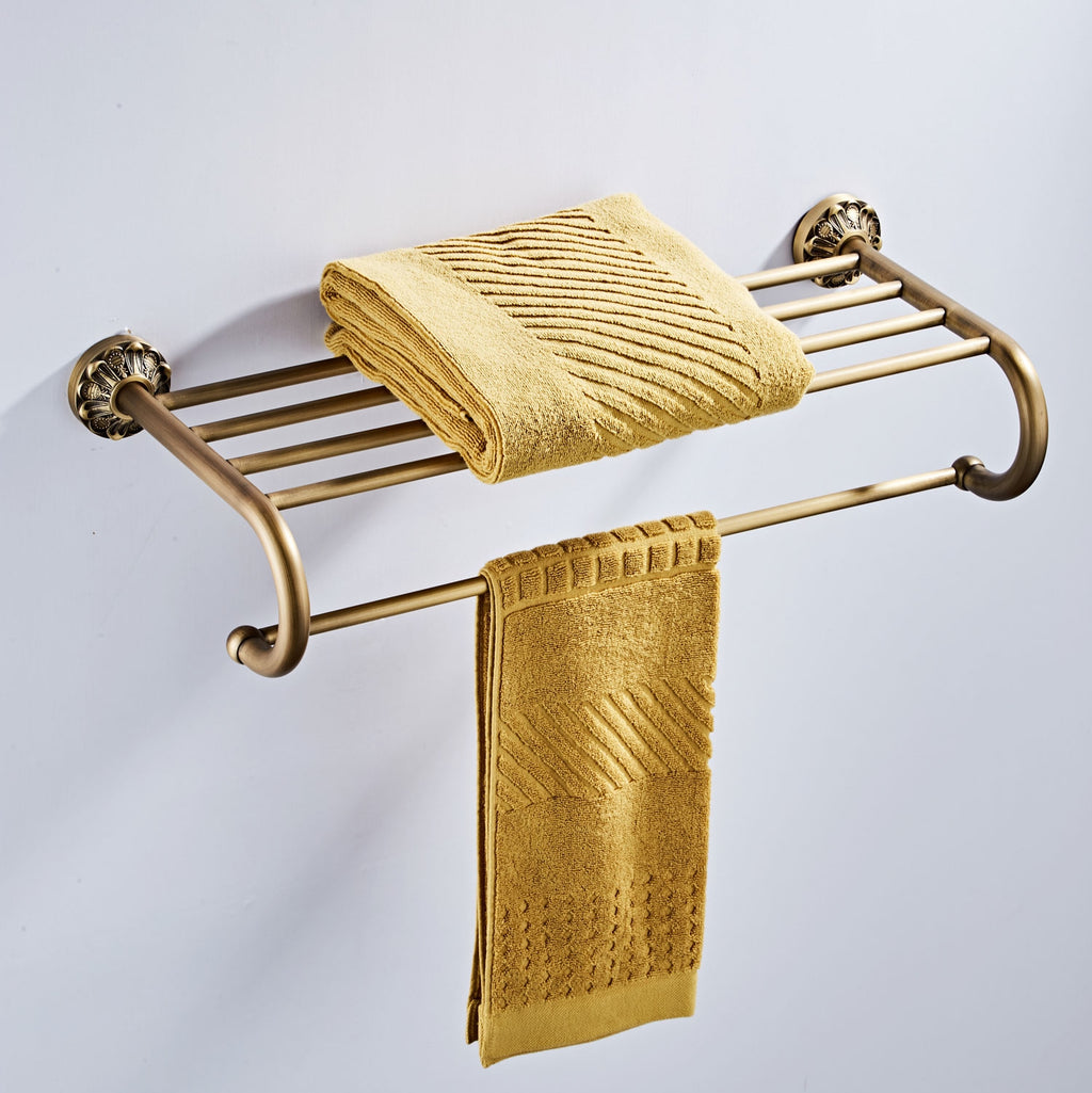 Antique Brass Towel Rack | 2-Tier Vintage Bath Towel Shelf with Towel Bar