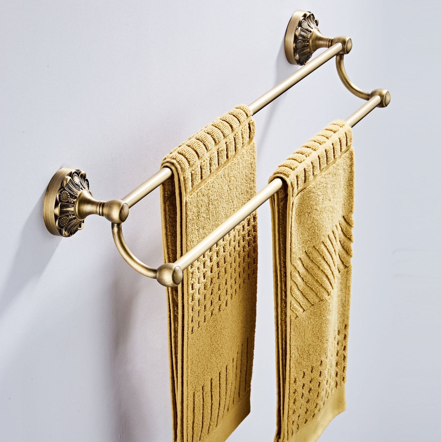 Antique Brass Double Towel Bar | 2-Tier Vintage Bath Towel Rack