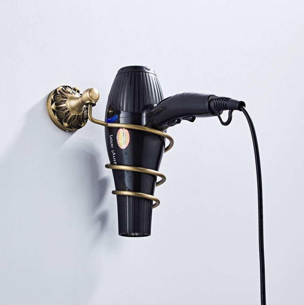 Antique Brass Hair Dryer Holder Wall Mounted | Vintage Carved Bathroom Storage Rack