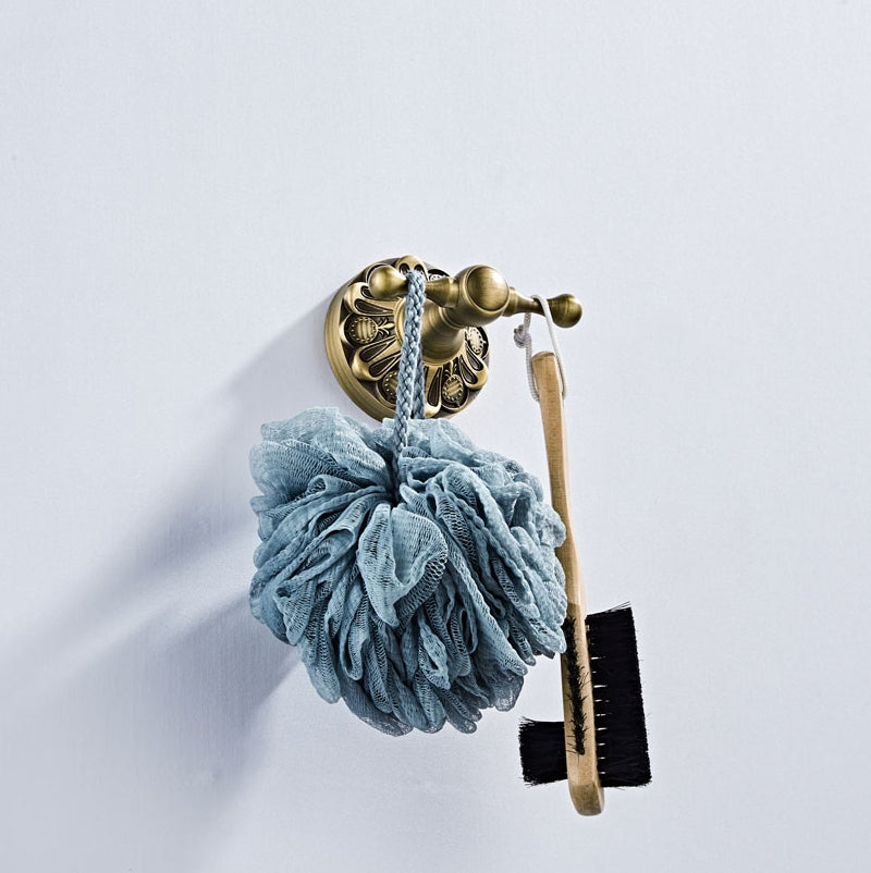 Antique Brass Double Robe Hook | Vintage Carved Bathroom Towel Hook