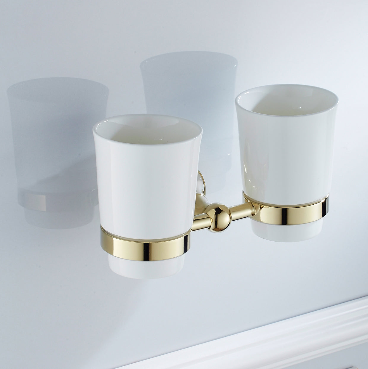 Solid Brass Double Tumbler Holder | Minimalist Ceramic Bathroom Cup Set (4 Finishes)