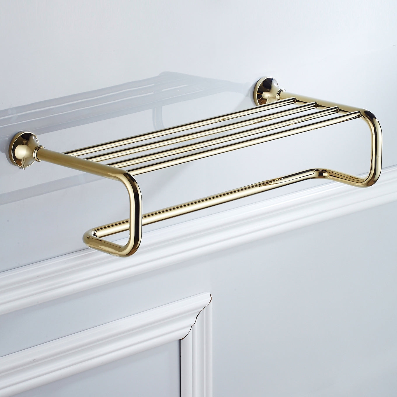 Solid Brass Towel Rack 60cm | Minimalist 2-Tier Bathroom Shelf with Towel Bar (4 Finishes)