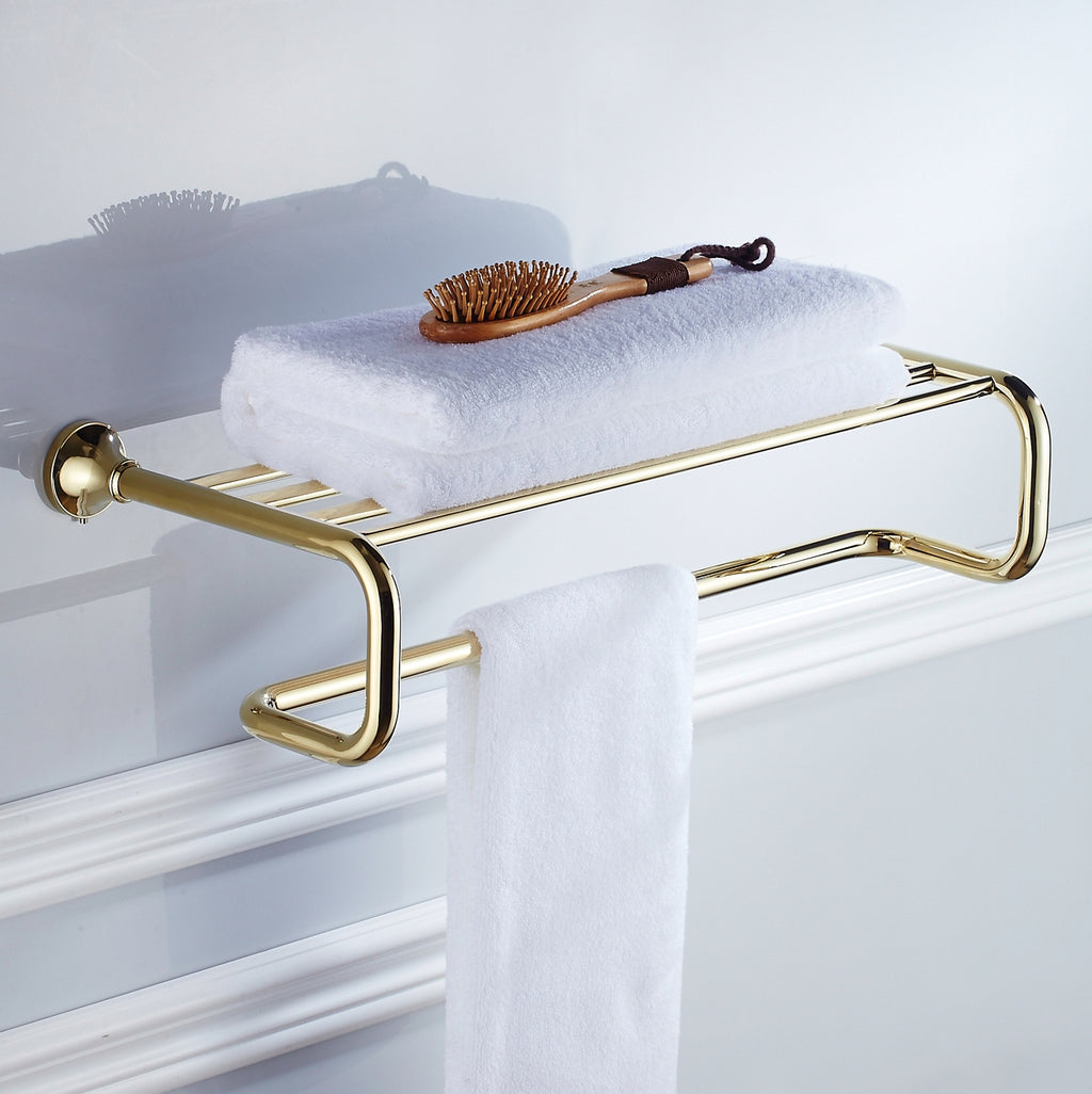 Solid Brass Towel Rack 60cm | Minimalist 2-Tier Bathroom Shelf with Towel Bar (4 Finishes)