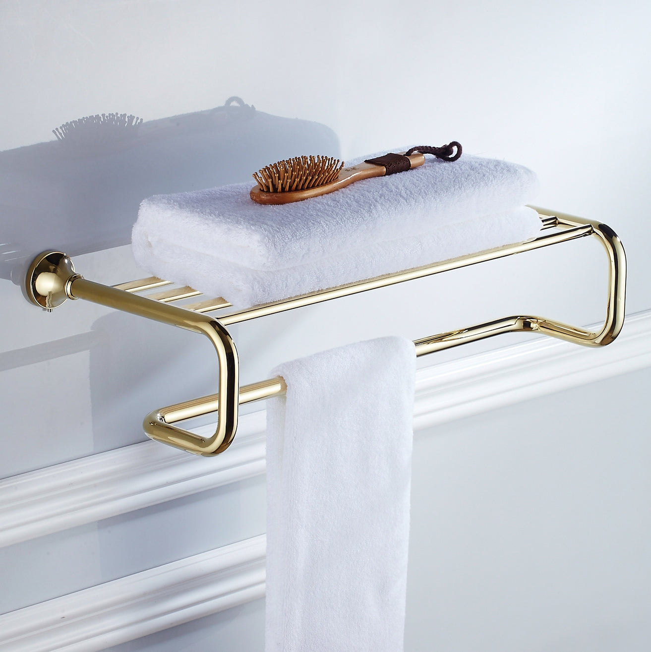 Solid Brass Towel Rack 60cm | Minimalist 2-Tier Bathroom Shelf with Towel Bar (4 Finishes)