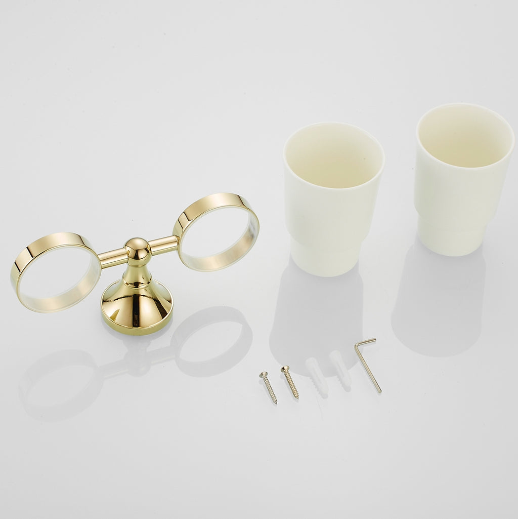 Solid Brass Double Tumbler Holder | Minimalist Ceramic Bathroom Cup Set (4 Finishes)