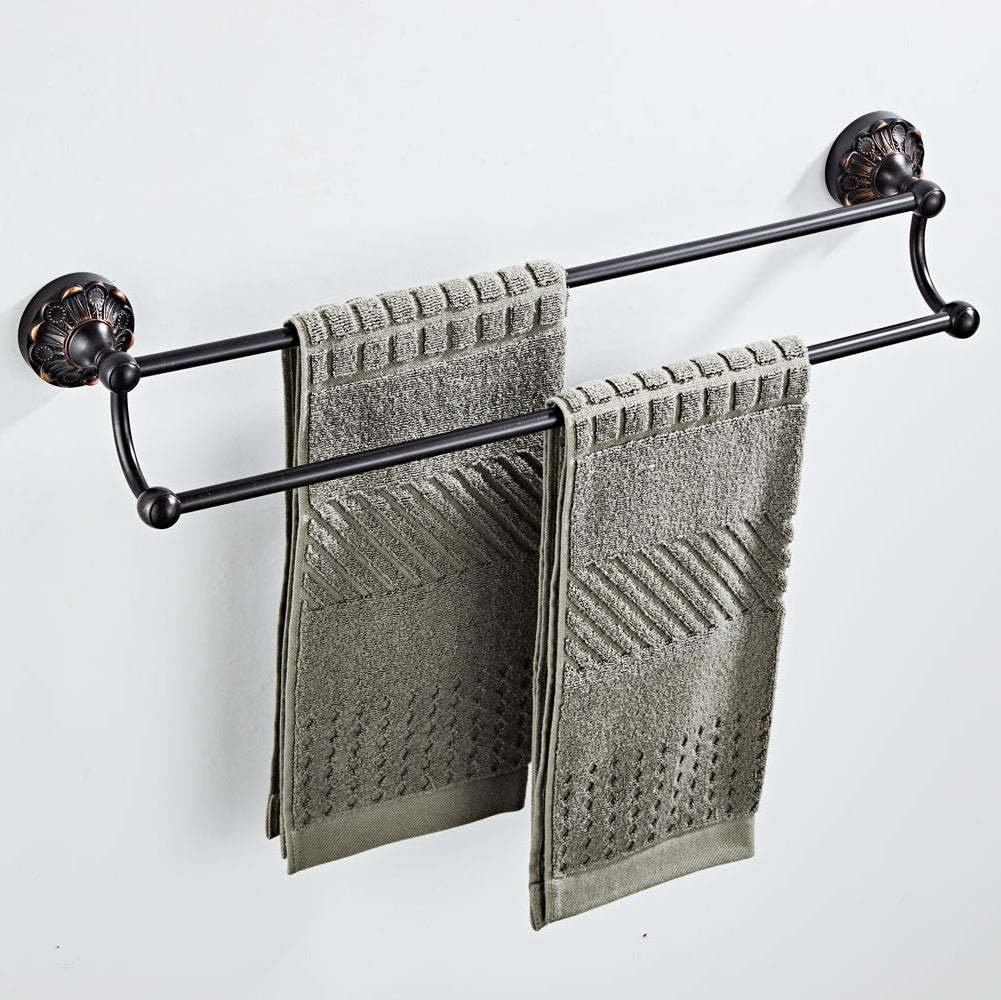 Antique Brass Double Towel Bar | 2-Tier Vintage Bath Towel Rack