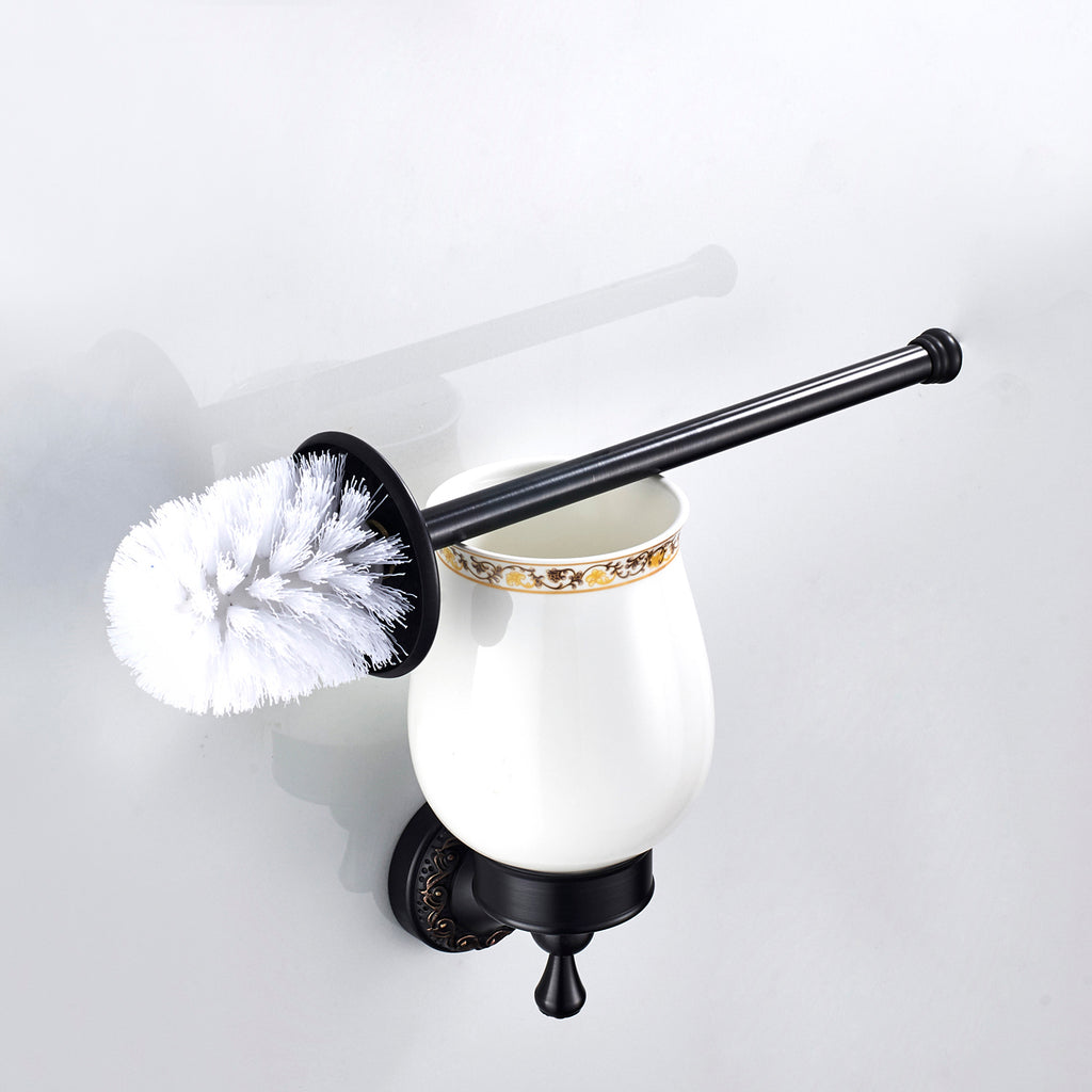 Antique Brass Toilet Brush Holder | Vintage Ceramic Bathroom Toilet Brush Set