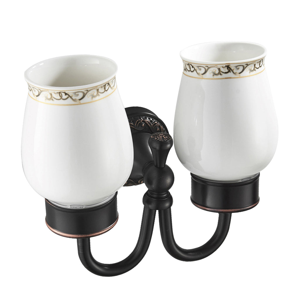 Rust-Proof Solid Brass Toothbrush Holder | Removable Double Ceramic Cups