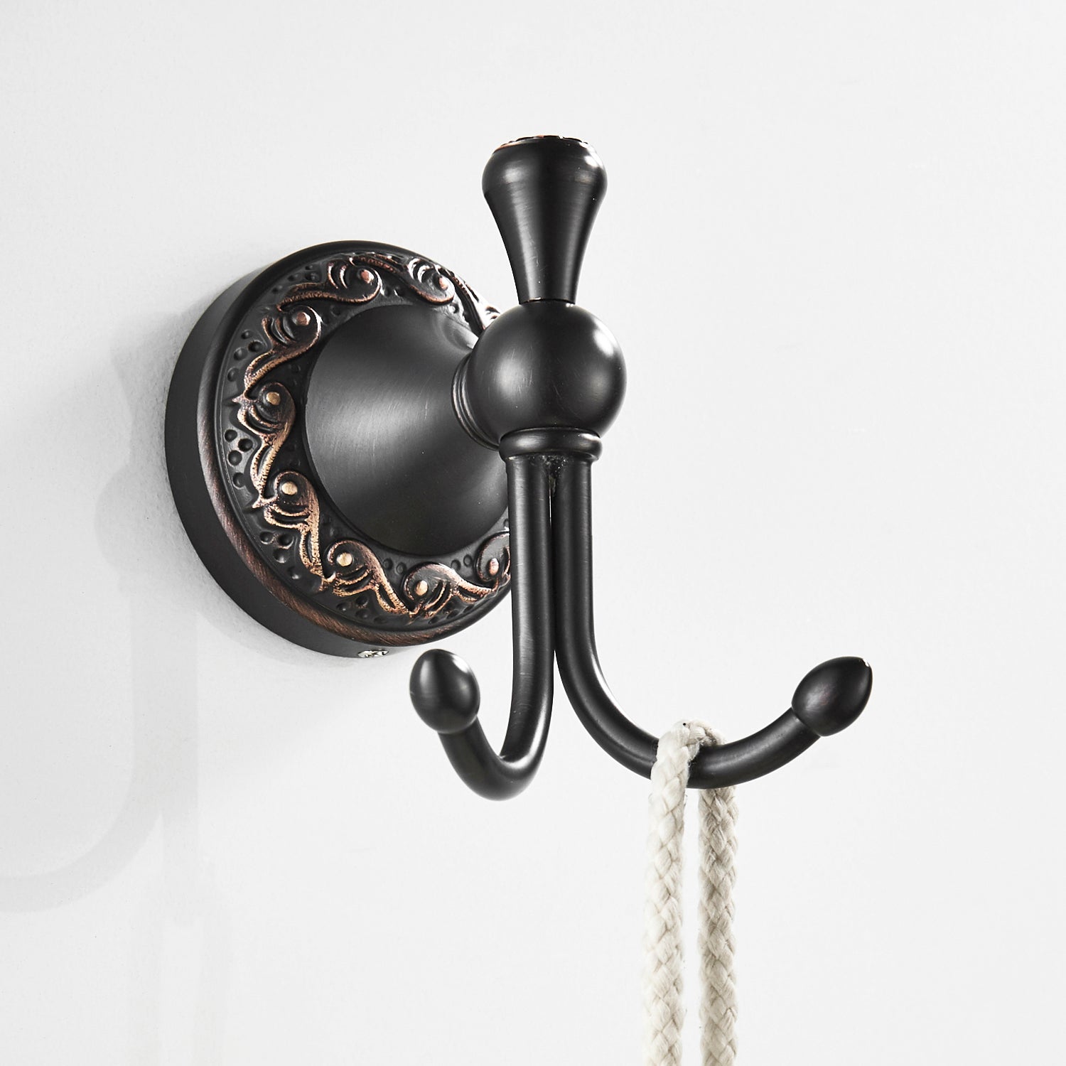Antique Brass Double Robe Hook | Vintage Scroll Carved Bathroom Towel Hook