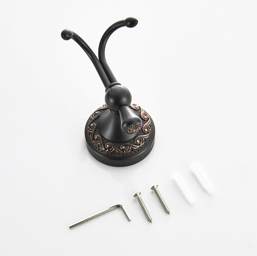 Antique Brass Double Robe Hook | Vintage Scroll Carved Bathroom Towel Hook