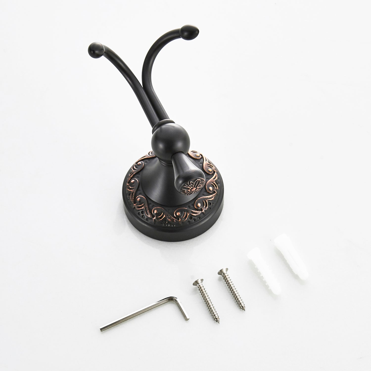 Antique Brass Double Robe Hook | Vintage Scroll Carved Bathroom Towel Hook