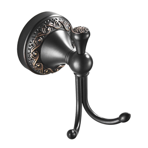 Antique Brass Double Robe Hook | Vintage Scroll Carved Bathroom Towel Hook