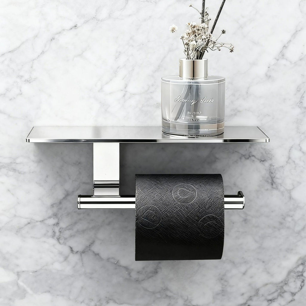 Brass Toilet Paper Holder with Shelf | 2-in-1 Multifunctional Bathroom Tissue Roll Holder | Space-Saving Wall Mounted Phone Shelf