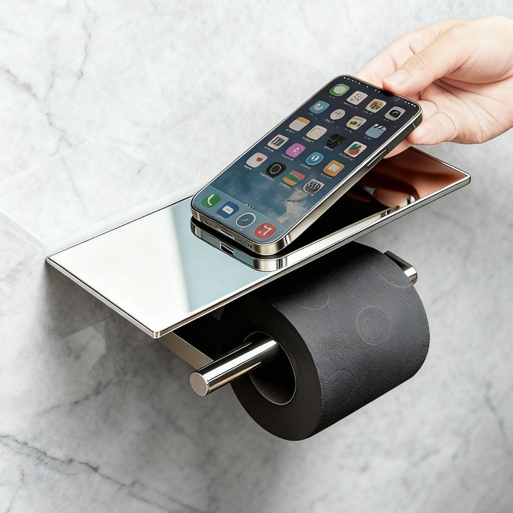 Brass Toilet Paper Holder with Shelf | 2-in-1 Multifunctional Bathroom Tissue Roll Holder | Space-Saving Wall Mounted Phone Shelf
