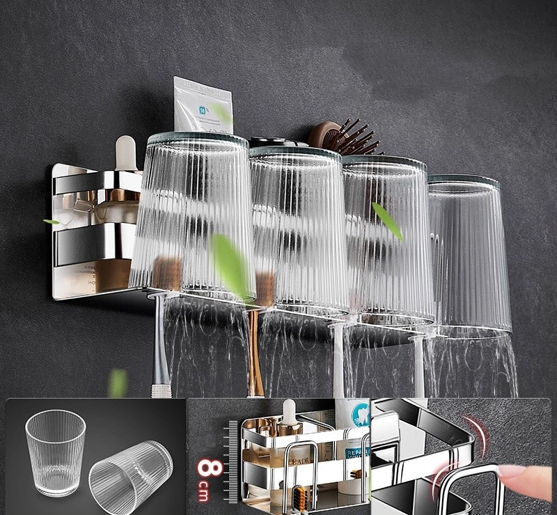 Stainless Steel Toothbrush Holder with Storage Shelf | Multifunctional Wall Mounted Bathroom Organizer