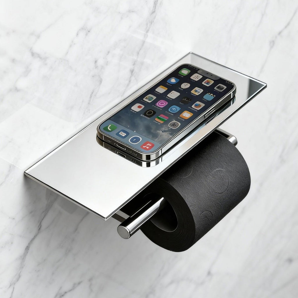 Brass Toilet Paper Holder with Shelf | 2-in-1 Multifunctional Bathroom Tissue Roll Holder | Space-Saving Wall Mounted Phone Shelf