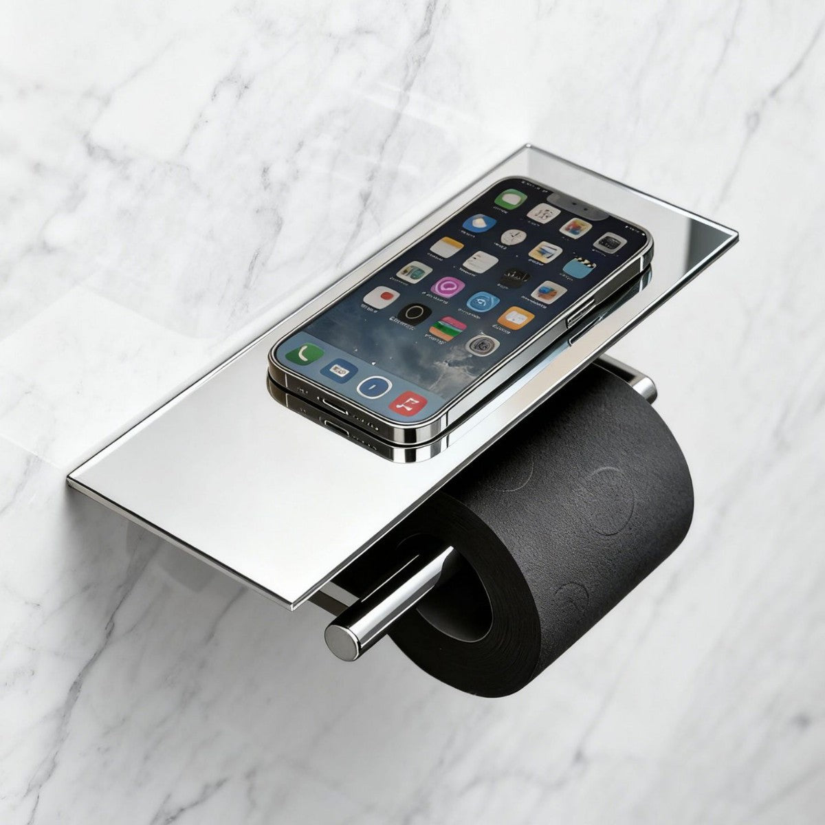 Brass Toilet Paper Holder with Shelf | 2-in-1 Multifunctional Bathroom Tissue Roll Holder | Space-Saving Wall Mounted Phone Shelf